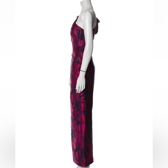Pamella Roland Pink Navy Blue One Shoulder Floral Jacquard Evening Column Gown - Picture 5 of 13